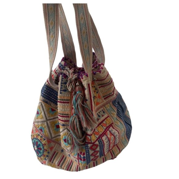 Johnny Was Embroidered Hobo Drawstring Bucket Bag, Bohemian Boho Colorful - Picture 1 of 5